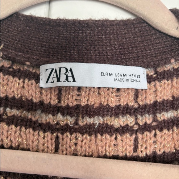 ZARA Textured Tweed Knit Cardigan Brown Pink Gold Button Size M - Picture 3 of 6